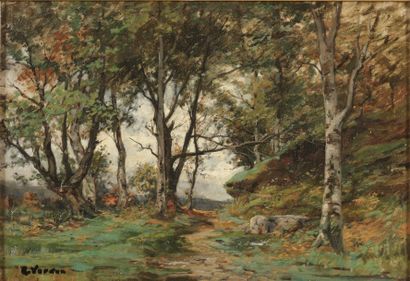 VERDUN Raymond (1873-1954) Paysage de Fontainebleau Huile sur panneau, signé en bas...