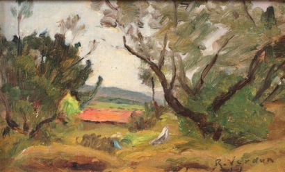 VERDUN Raymond (1873-1954) La ferme au toit rouge Huile sur toile marouflée sur carton,...