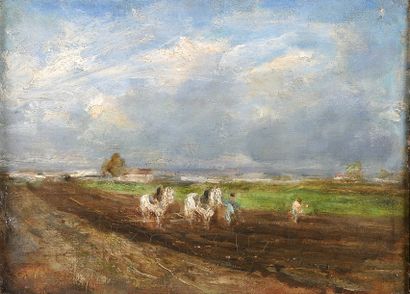 ROSALBIN de BUNCEY Marie-Abraham (1852-1876) Labourage Huile sur toile 24 x 32 c...