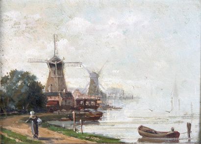 MASCART Gustave (1834-1914) Bord de la Meuse à Dordrecht Huile sur panneau, signé...