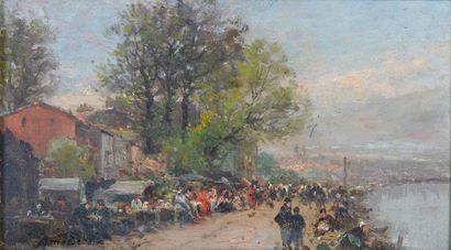 MOROT Aymé-Nicolas (1850-1913) Guinguettes au bord du fleuve Huile sur panneau 13,5...