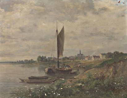 ROZIER Jules (1821-1882) Barque sur Berge Huile sur panneau, signe en bas à droite...