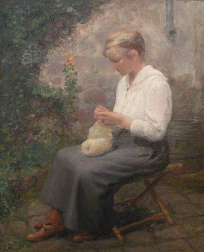 LECOMTE Victor ( Paris 1856-1920) Jeune femme à la laine Huile sur toile, signé en...