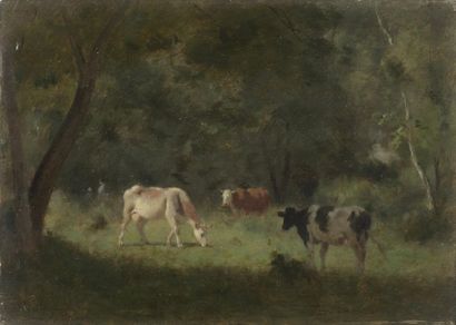 PEZOUS Jean (1815-1885) Vaches dans la clairière Huile sur panneau, signée en bas...