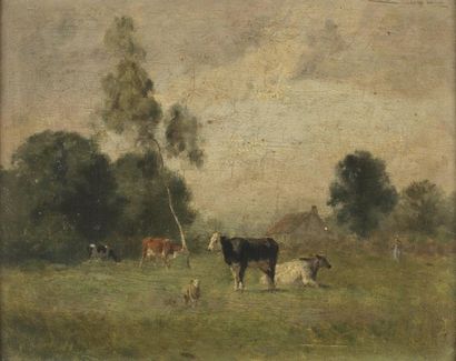 PEZOUS Jean (1815-1885) Vaches dans un champ Huile sur panneau, signé en bas à gauche...