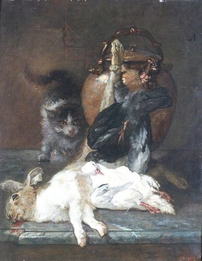 MONGINOT Charles (1825-1900) Après la chasse Huile sur toile, monogrammé en bas à...