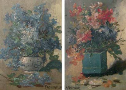 COPPENOLLE Edmond Van (1846-1914) Bouquet de fleurs Paire d'huiles sur panneau, signé...