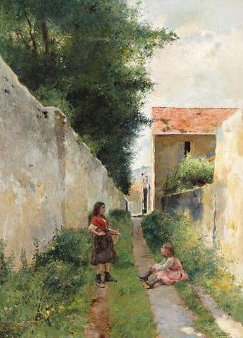 JIMENEZ Y ARANDA Luis (1845-1928) La rencontre des fillettes Huile sur toile, signé,...