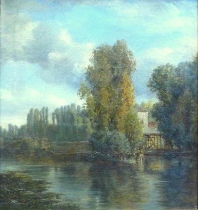 LAMBINET Émile-Charles (Att.) (1815-1877) Bord de rivière Huile sur toile, signée...