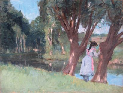 Ecole Moderne, attribuée à Paule GOBILLARD Jeune fille en bord de rivière Huile sur...