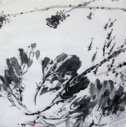 Haiwen TANG (1927-1991) Composition en noir Encre de chine, signée, cachet rouge...