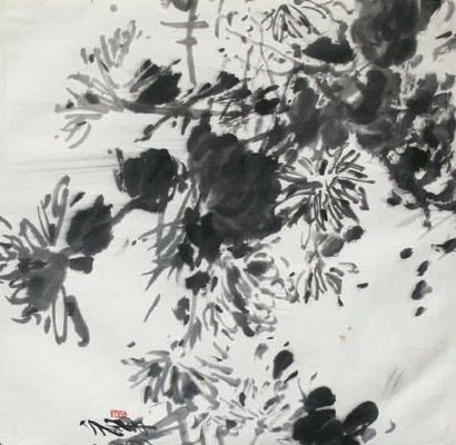 Haiwen TANG (1927-1991) Composition aux fleurs Encre de chine, signée, cachet rouge...