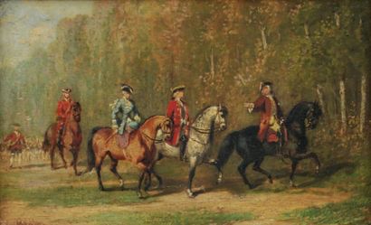 John Lewis BROWN (1829-1890). Chasse à courre à l'orée du bois, trois chasseurs et...