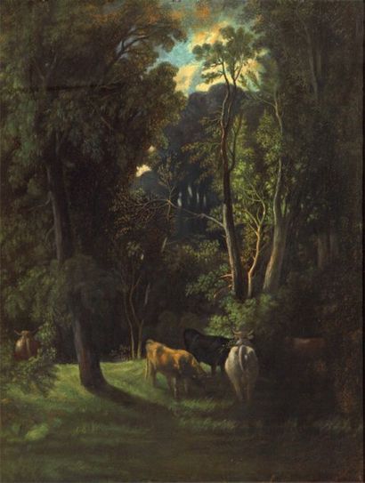 Ecole française du XIXe siècle "Vaches en forêt". Pastel. 70 x 50 cm (à vue).