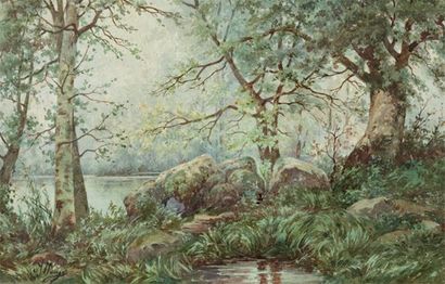 ALLONGE Auguste (1833-1898) "Les rochers au bord de l'étang". Aquarelle, signée en...