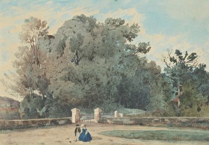 HARPIGNIES Henri Joseph (1819-1916) "La promenade dans le parc". Aquarelle, signée...
