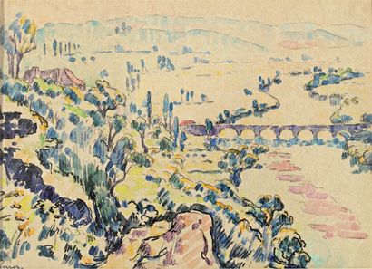 PERSON Henri (1876-1926) "Pont du Gard". Aquarelle, signée en bas à gauche, cachet...