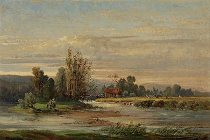 VERON Alexandre René (1826-1897) "Bord de rivière". Huile sur papier marouflée sur...