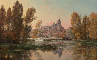 VERON Alexandre René (1826-1897) "Eglise de Montigny sur Loing". Huile sur panneau,...