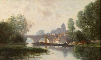 DEFAUX Alexandre (1826-1900) "Pont de Montigny sur Loing". Huile sur toile, signée...