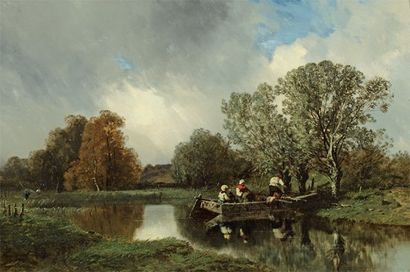 CICERI Eugene (1813-1890) "Le bateau-lavoir". Huile sur panneau parqueté, signée...