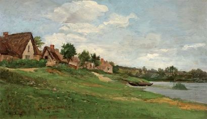 CASILE Alfred (1848-1909) "Hameau en bord de rivière en normandie". Huile sur panneau,...