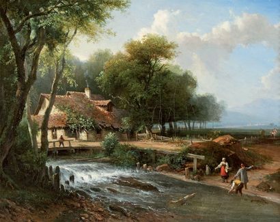 WATELET Louis Victor (1780-1866) "La chute près du moulin". Huile sur toile, signée...