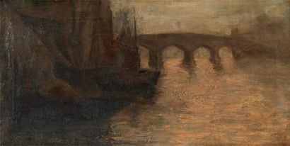 Att. à THAULOW Fritz (1847-1906) "Pont et bateaux sur la Seine". Huile sur toile....