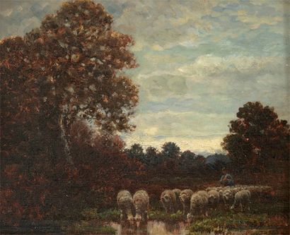 CHAIGNEAU Paul (1879-1938) "Moutons à la mare à Barbizon". Huile sur panneau, signée...