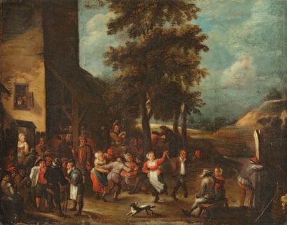 TENIERS David II, dit le Jeune (Ecole de) (1610-1690) "La danse villageoise". Huile...