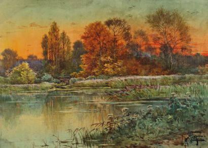 GIDE François Théophile Etienne (1822-1890) « La vanne sur l'étang ». Aquarelle sur...