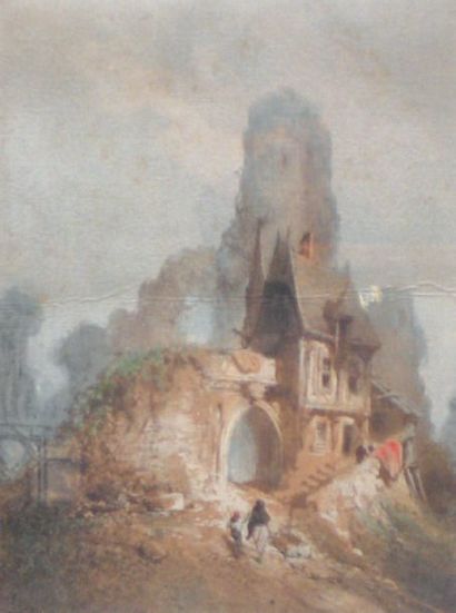CICERI Eugène (1813-1890) « Chemin vers le château ». Aquarelle. 21 x 15,5 cm.