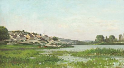 SAUZAY Adrien Jacques (1841-1928) «Village près de l'étang ». Huile sur panneau....