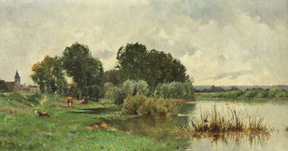 SAUZAY Adrien Jacques (1841-1928) « Vaches près de la rivière ». Huile sur panneau....