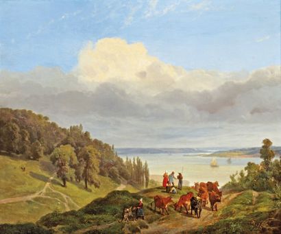 LEPRINCE Robert Léopold (1800-1847) « Lac d'Annecy - vue de puis La Puya ». Huile...
