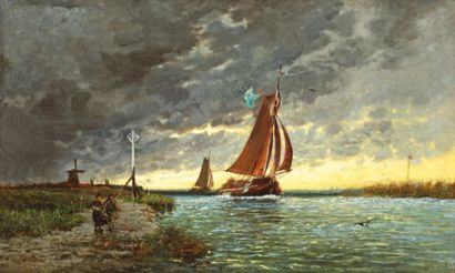 ANASTASI Auguste Paul Charles (1820-1889) « Bateaux sur la Meuse ». Huile sur toile...