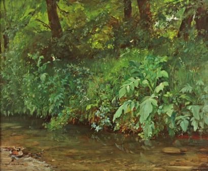 MAIGNAN Albert Pierre René (1845-1908) « Bord de rivière en sous-bois ». Huile sur...