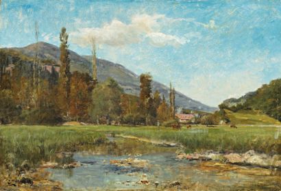 TERRAIRE Clovis Frédérick (1858-1931) « La vie dans la vallée ». Huile sur toile....