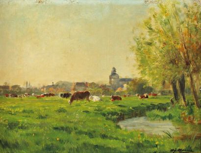 MARAIS Adolphe Charles (1856-1940) «Vaches au paturage ». Huile sur panneau. Signé...