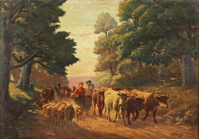 CAZAUX Jean Baptiste « Le retour du troupeau ». Huile sur toile (réentoilé). Signé...