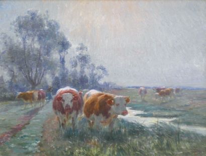 BARILLOT Léon (1844-1929) « Les vaches rousses ». Huile sur panneau. Signé en bas...