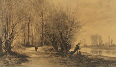 ALLONGE Auguste (1833-1898) «Promenade le long de l'etang ». Dessin au fusain. Signé...