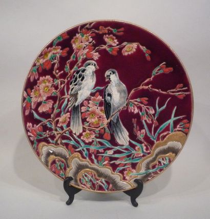 LONGWY - H. GABET "Rêverie", grand PLAT circulaire en émaux de Longwy, à décor Japonisant,...
