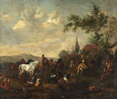 WOUWERMANS Pieter (Attribué à) Haarlem 1623 - 1682 Cavaliers, villageois et enfants...