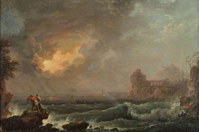 VERNET Claude - Joseph (Ecole de) 1714 - 1789 Mer agitée avec une barque de pêcheurs...