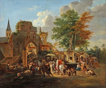 DEMARNE Jean - Louis (Atelier de) 1752 - 1829 Scène de marché près d'une fontaine...
