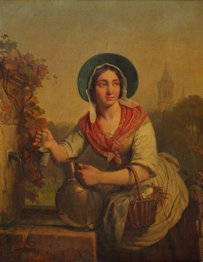 BAFCOP Alexis Cassel 1804 - 1895 Jeune femme à la fontaine Huile sur toile Signé...