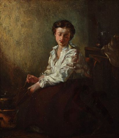 CONSTANTIN Abraham Genève 1785 - 1855 Jeune fille au soufflet Huile sur panneau Signé...