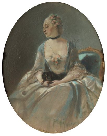 GIRAUD Eugène (1806-1881) Portrait de femme sous le règne de Louis XVI assise avec...