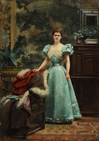 FLEURY Fanny Paris 1848 - ? Après 1905 Portrait de femme en robe bleue dans son intérieur...